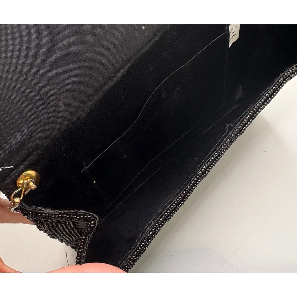 Black Beaded Clutch Evening Bag Silver Chain‎ Strap Formal Party Purse